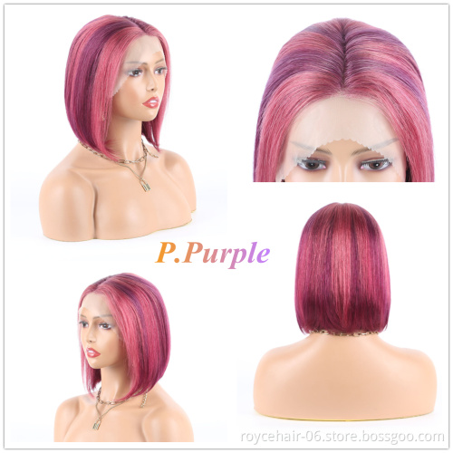 Cheap Color Lace Wig For Women, Purple Pink Brazilian Human Hair, Cuticle Aligned Glueless Transparent T Shape Lace Bob Wig